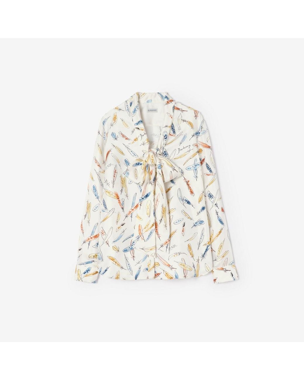 Burberry White Feather Print Silk Scarf Blouse