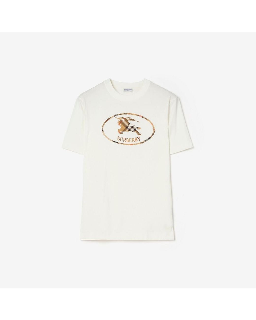 Burberry White Check Knight Stamp Cotton T-Shirt for men