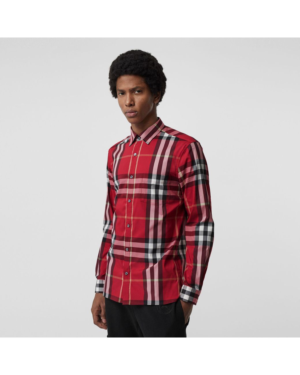 Burberry Check Stretch Cotton Shirt Parade Red for Men | Lyst