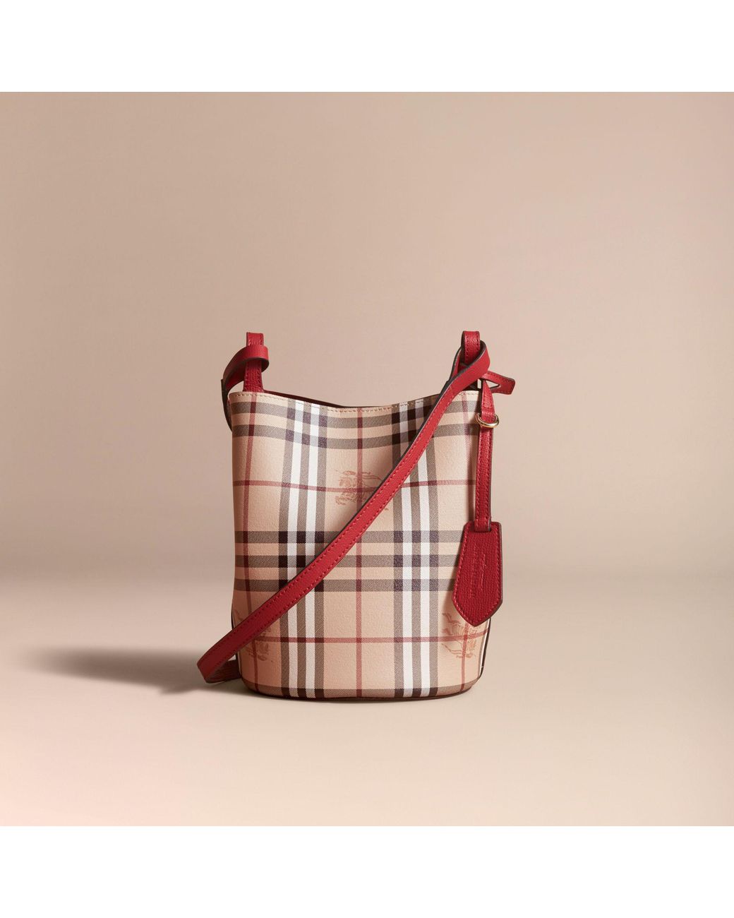 Burberry Leather And Haymarket Check Crossbody Bucket Bag Poppy