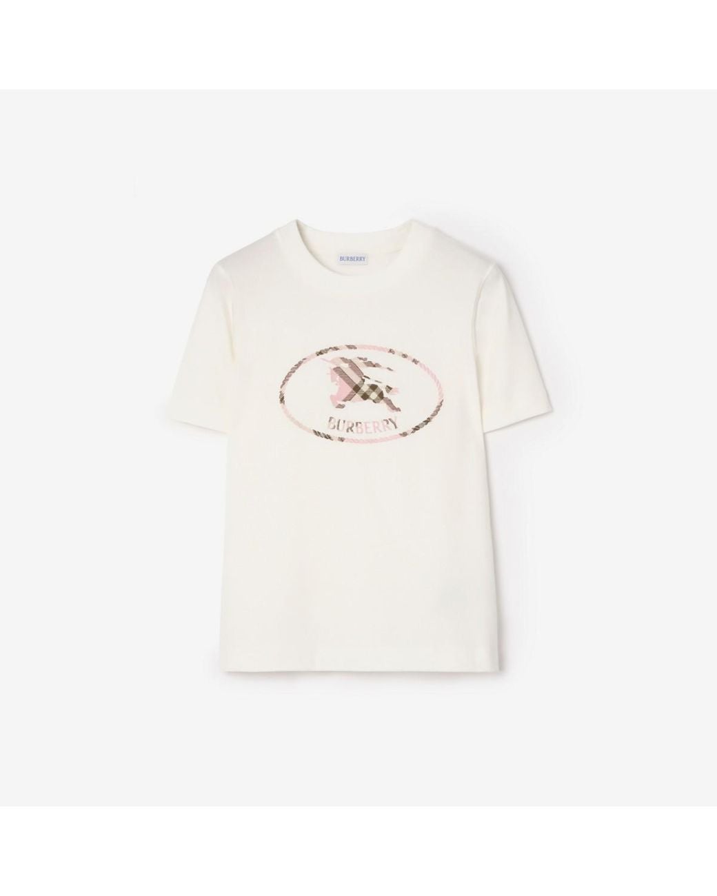 Burberry White Check Knight Stamp Cotton T-Shirt