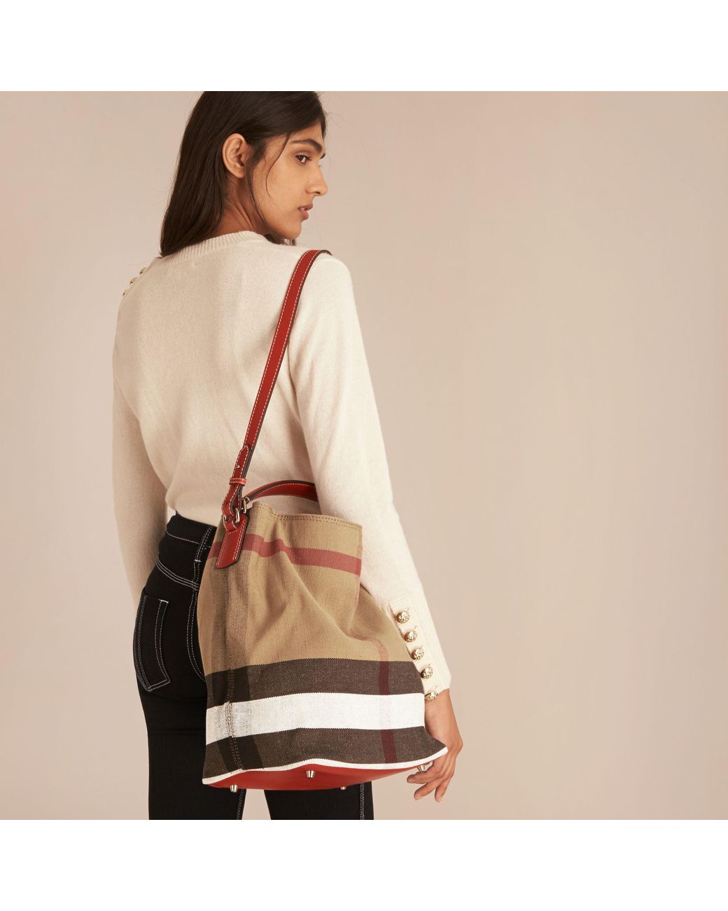 Burberry The Medium Ashby In Canvas Check And Leather Cadmium Red | Lyst