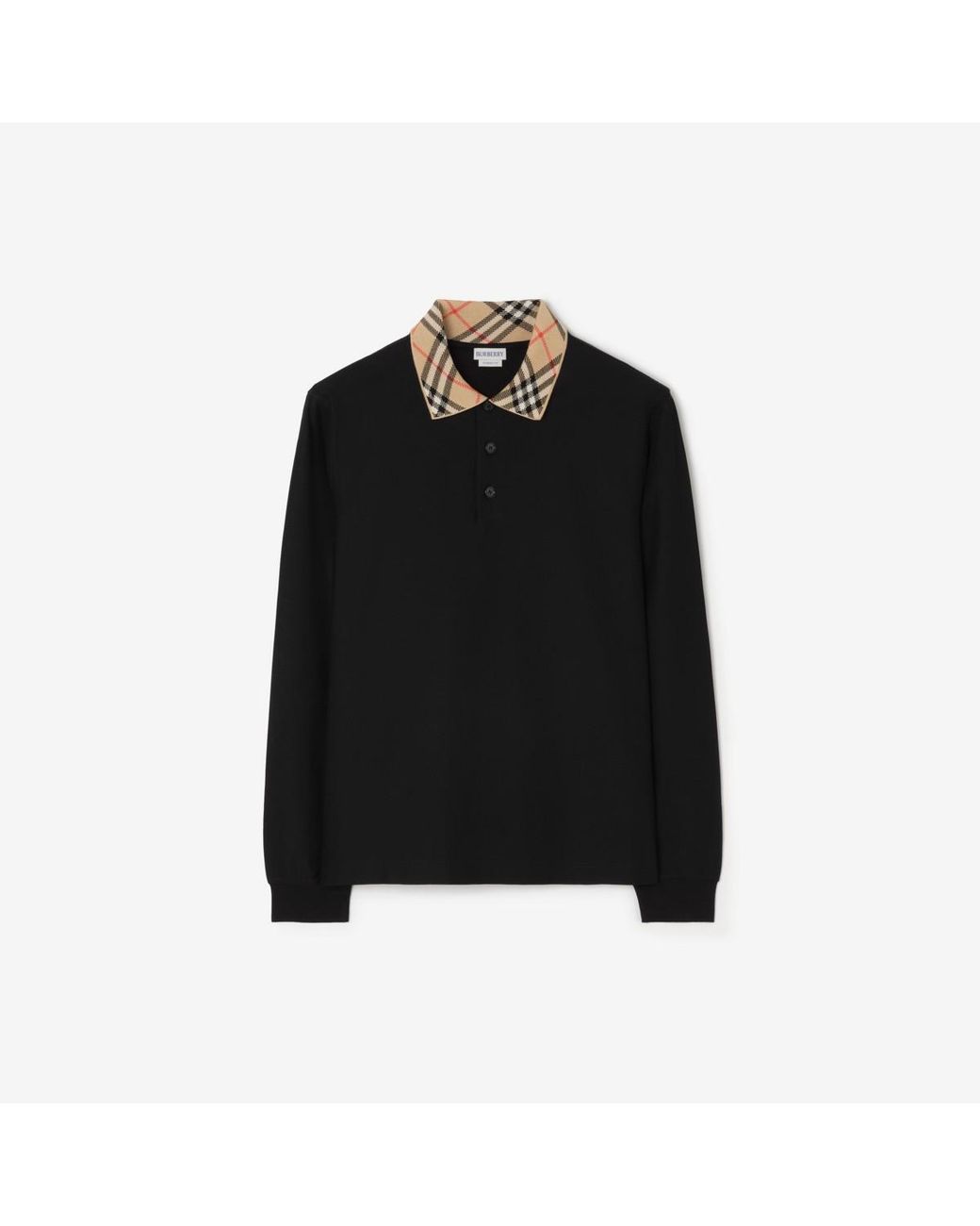 Burberry Black Long-Sleeve Check Collar Cotton Polo Shirt for men
