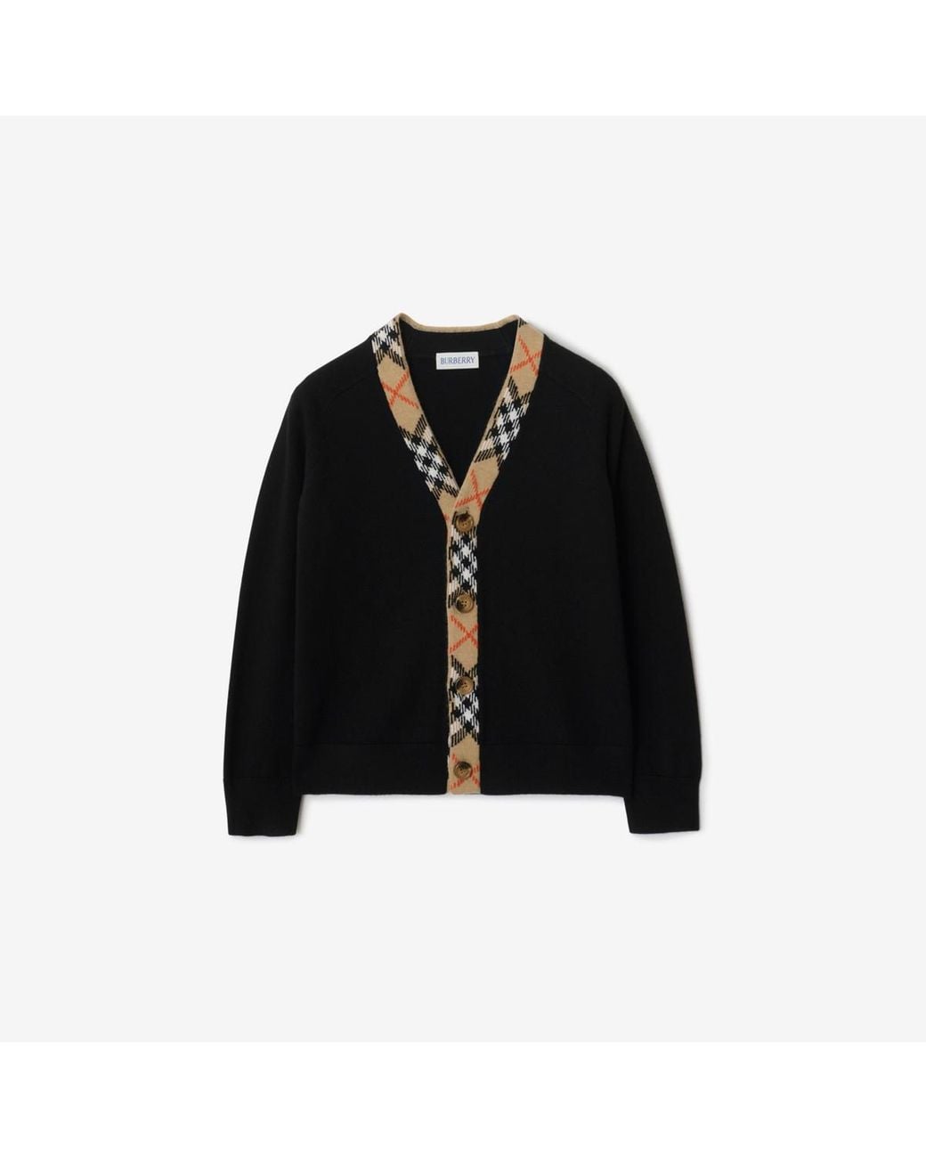 Burberry Black Childrens Check Trim Wool Cardigan for men