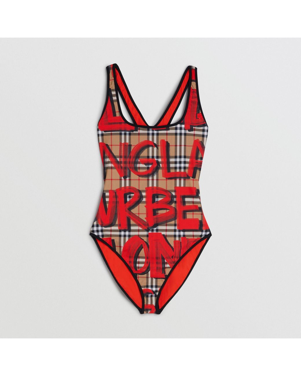 Burberry Graffiti Print Vintage Check Swimsuit in Red | Lyst