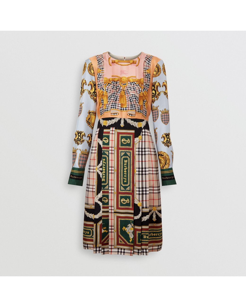 Burberry Archive Scarf Print Pleated Silk Dress | Lyst