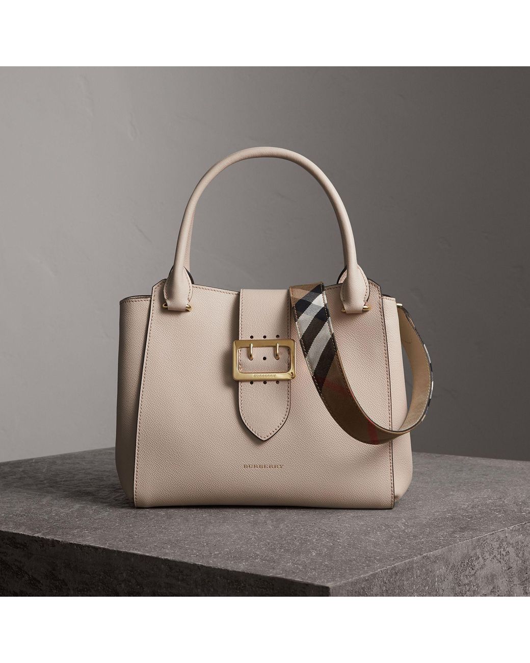 Burberry Gold Grained Leather Medium Buckle Tote Bag