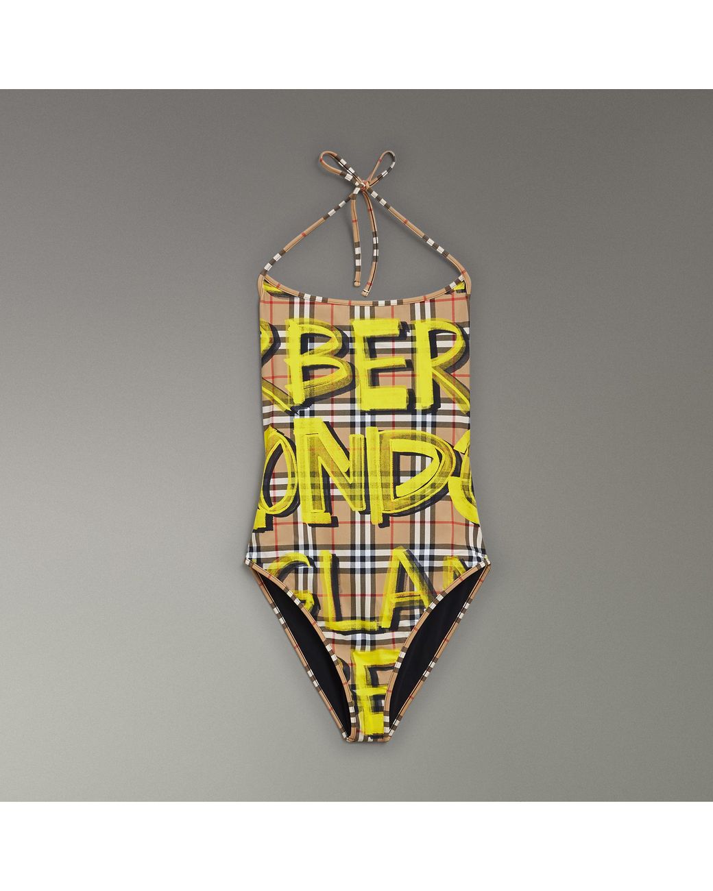Burberry Graffiti Print Vintage Check Halterneck Swimsuit in Yellow | Lyst
