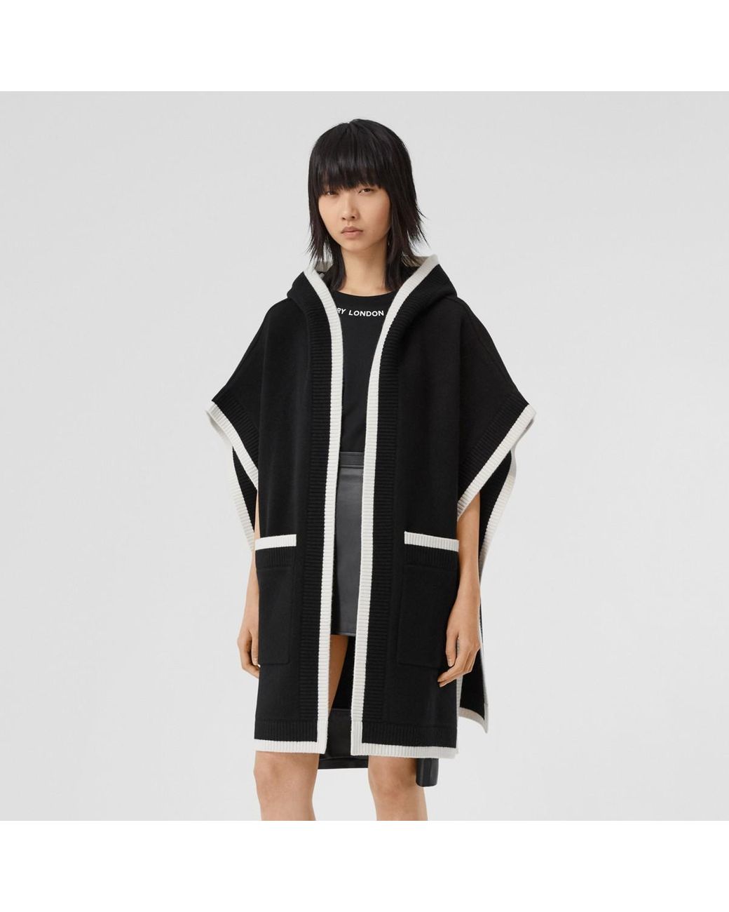 Burberry Logo Graphic Wool Cashmere Jacquard Hooded Cape in Black