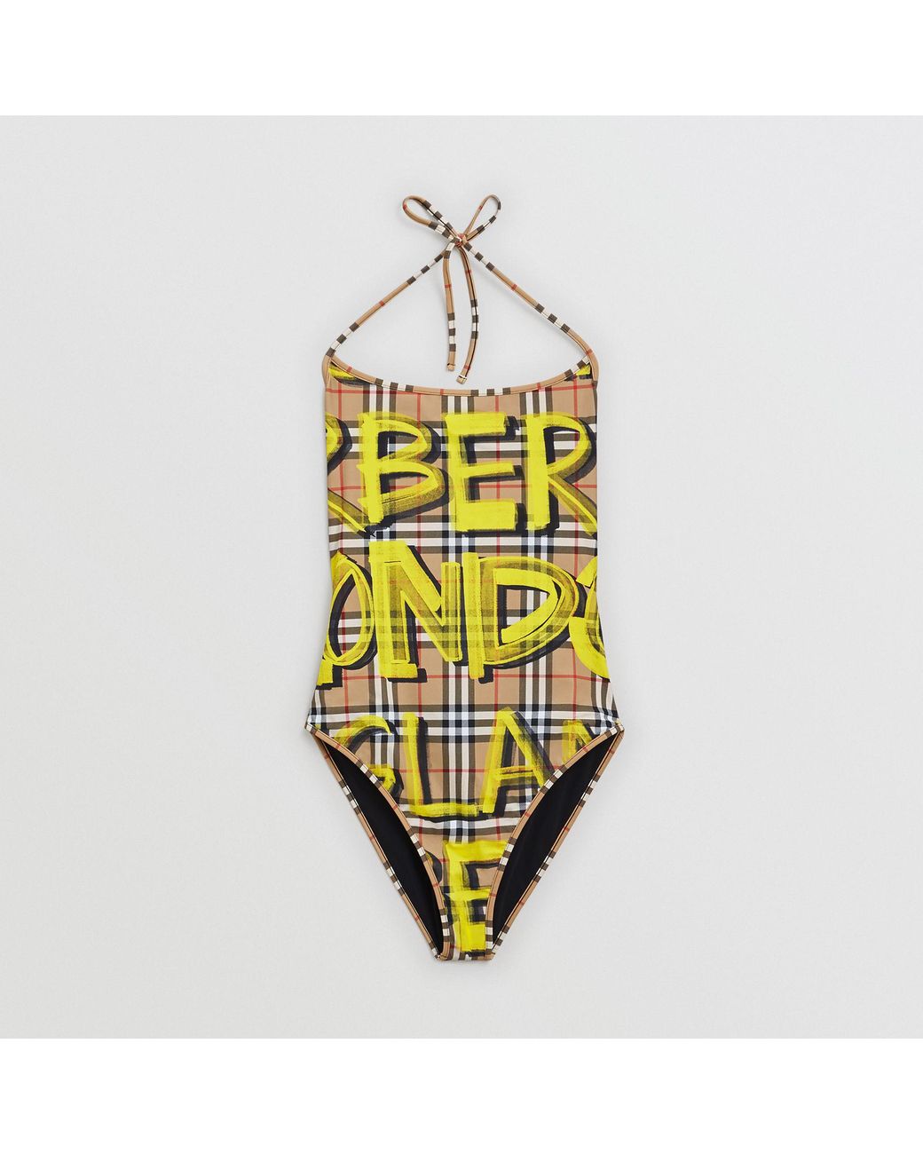Burberry Graffiti Print Vintage Check Halterneck Swimsuit in Yellow | Lyst