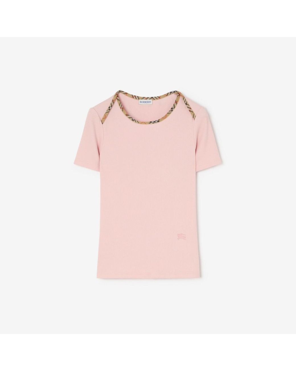 Burberry Pink Check Trim Stretch Cotton T-Shirt