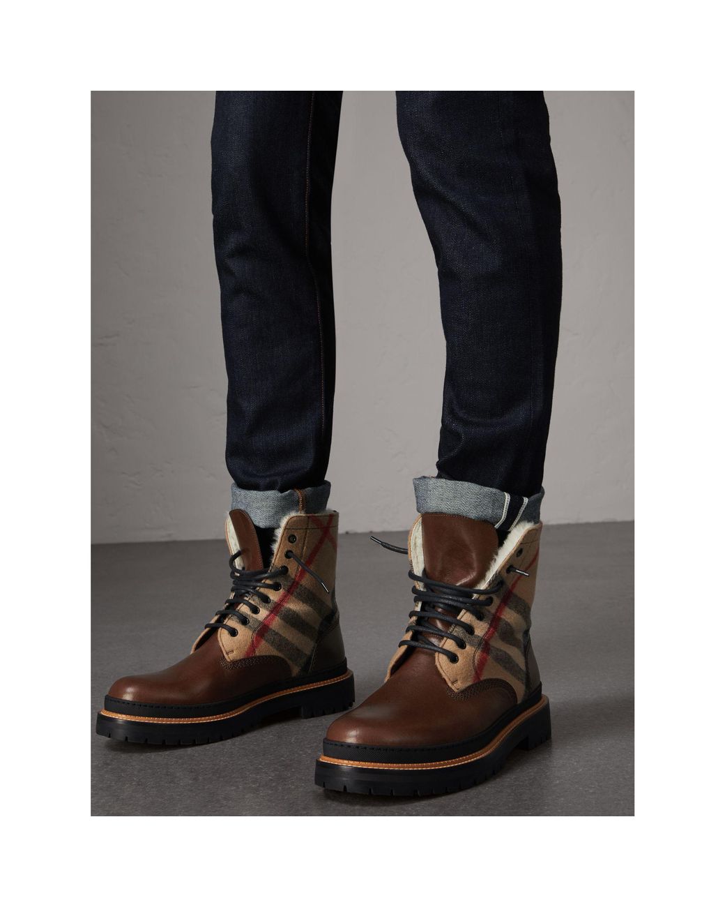 Burberry Shearling-lined Leather And Check Boots for Men | Lyst