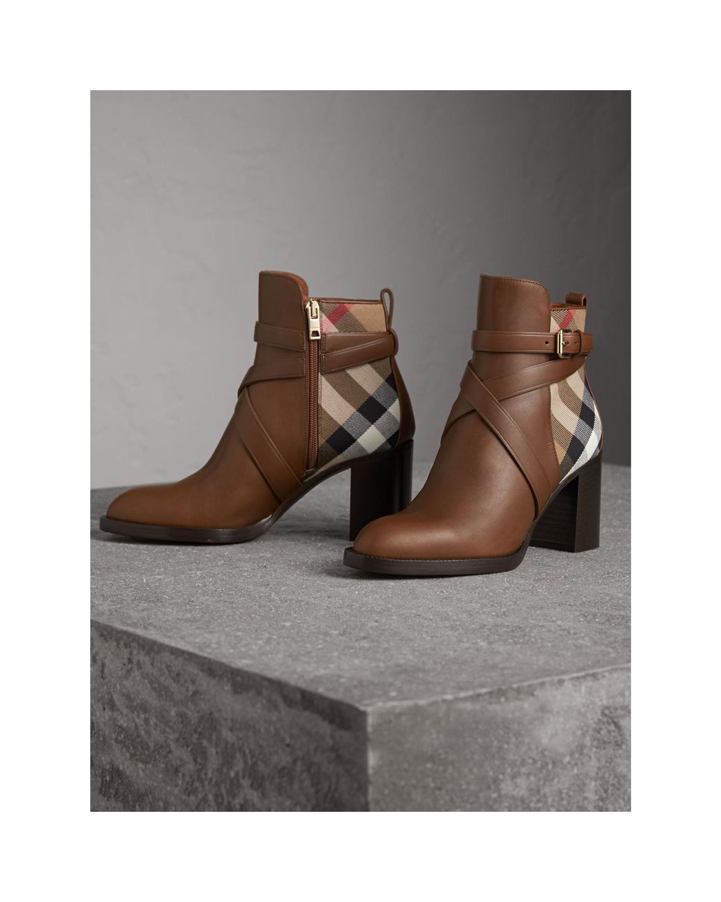 Burberry House Check And Leather Ankle Boots in Brown | Lyst Burberry House Check And Leather Ankle Boots in Brown | Lyst