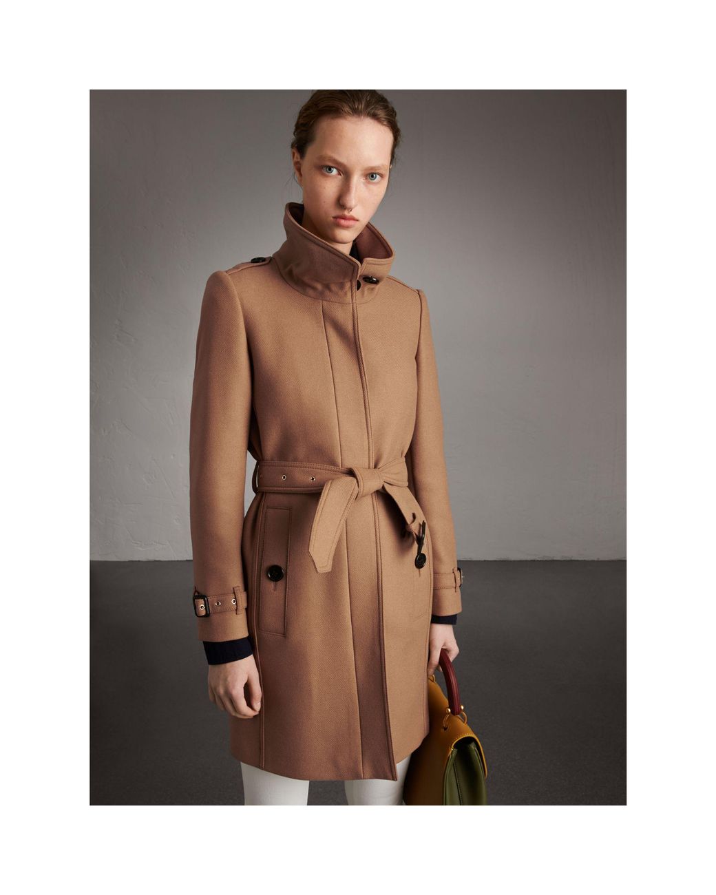 Burberry Technical Wool Cashmere Funnel Neck Coat Camel in Natural | Lyst
