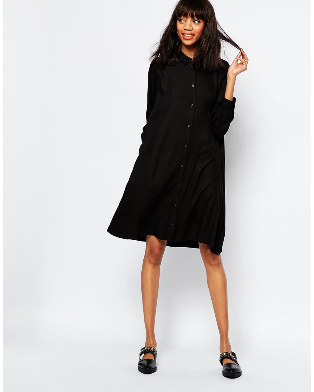 Monki Oversized Shirt Dress With Collar in Black | Lyst