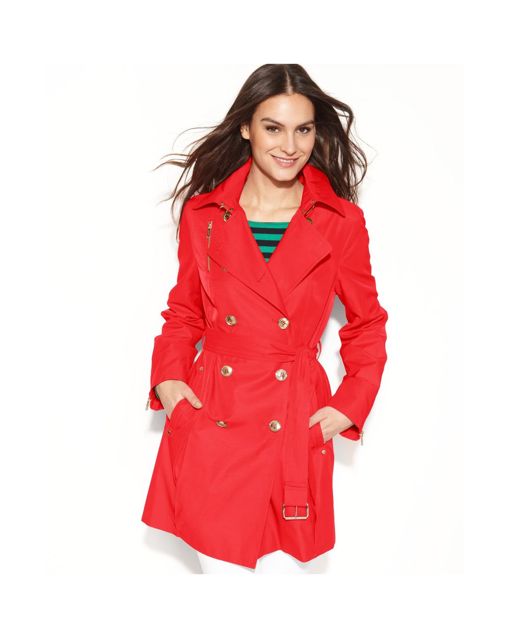 Obsessed with this bright coral red Michael Kors trench coat
