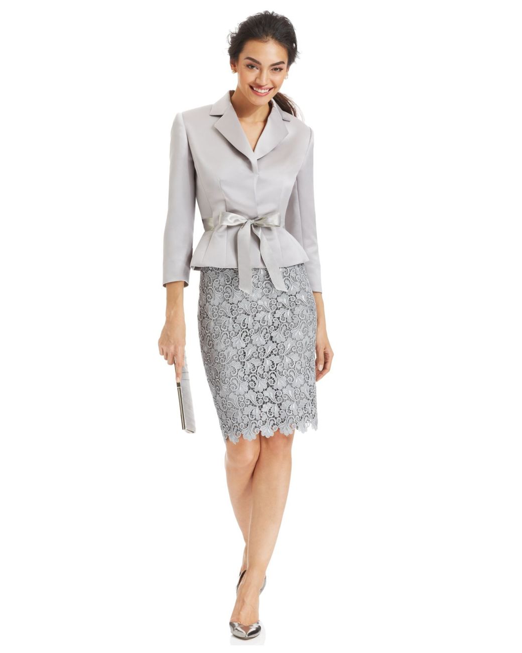 Tahari Belted Jacket Lace Skirt Suit in Gray Lyst