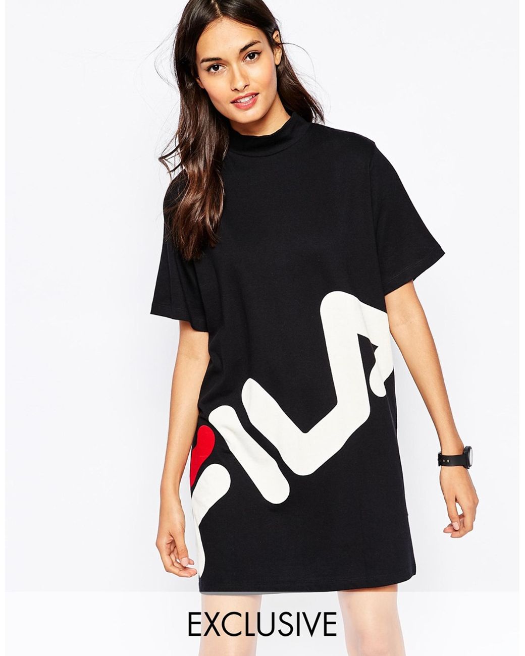 Fila High Neck T-shirt Dress With Large Front Logo in Black | Lyst