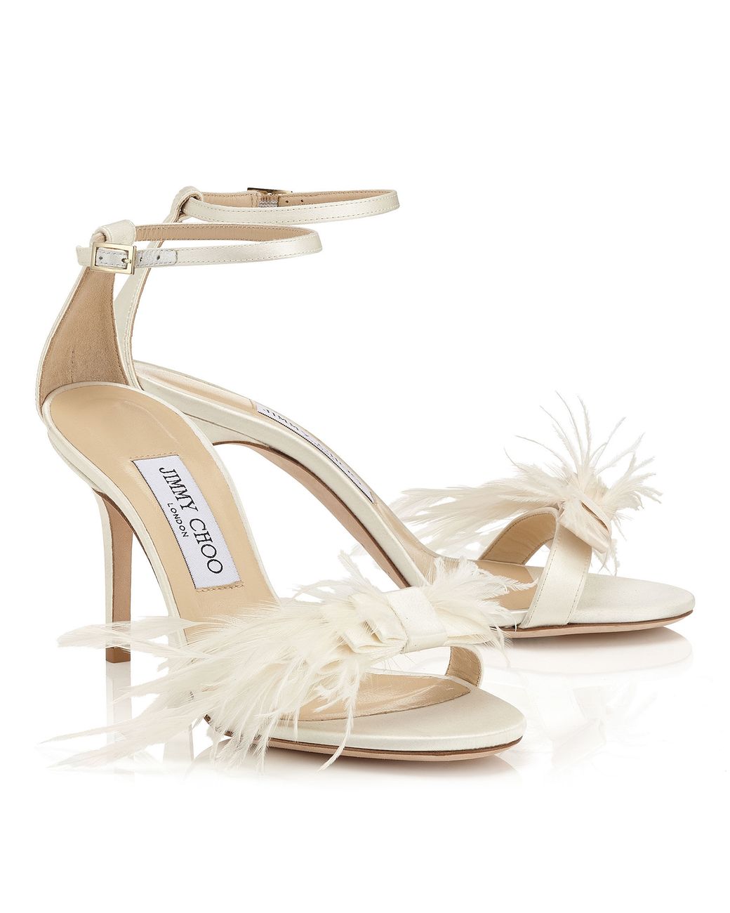 Jimmy Choo Vivien 85 Ivory Satin Sandals With Feather Bow in White | Lyst