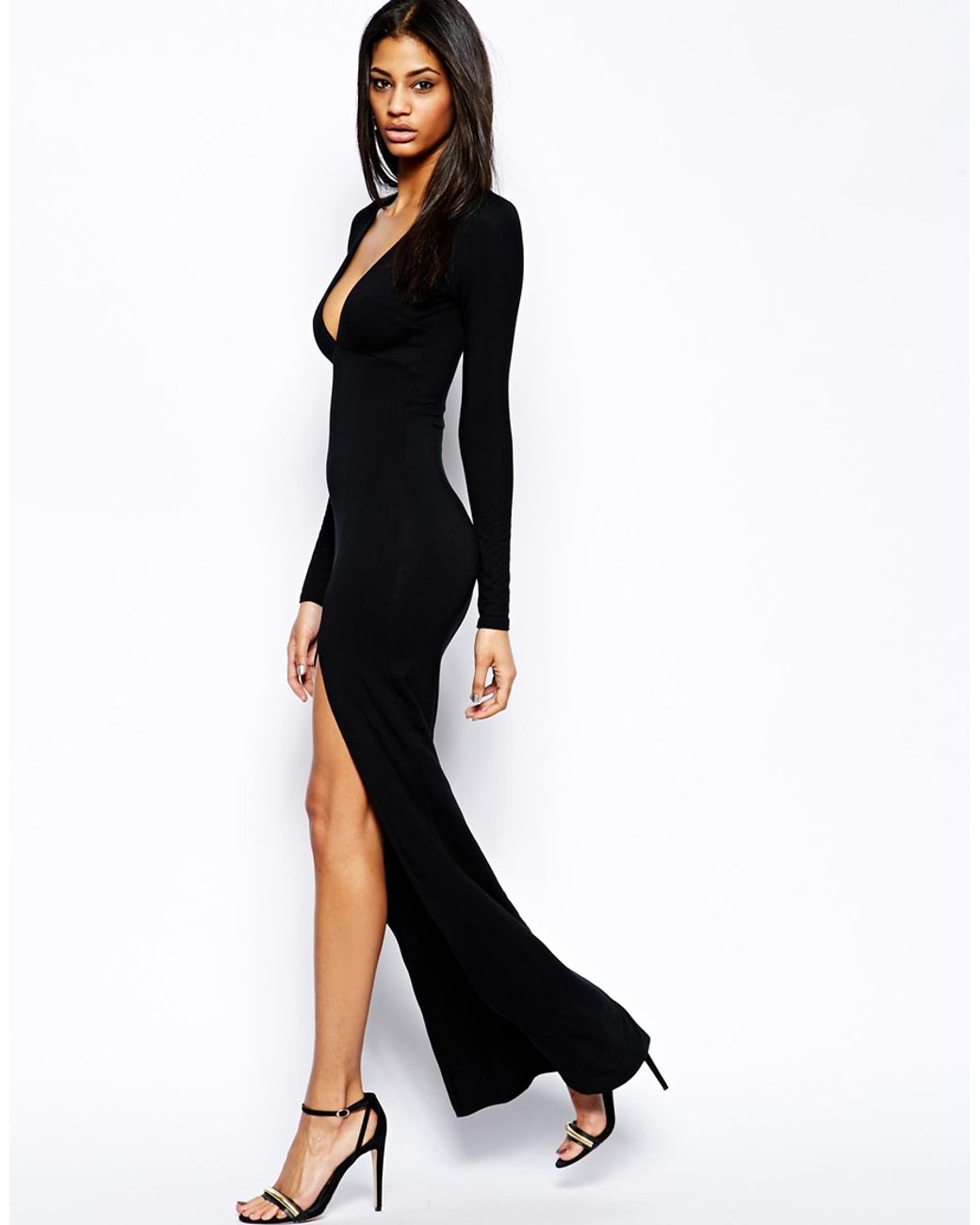 ASOS Deep Plunge Maxi Dress With Front Split in Black | Lyst