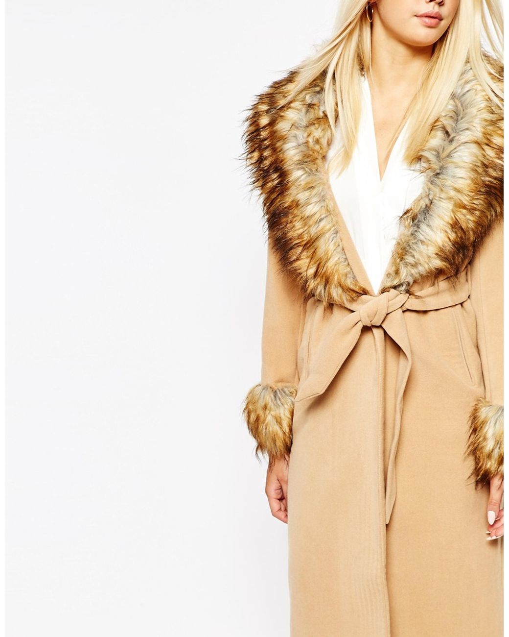 Missguided Coat With Faux Fur Collar And Cuffs in Camel (Brown) | Lyst