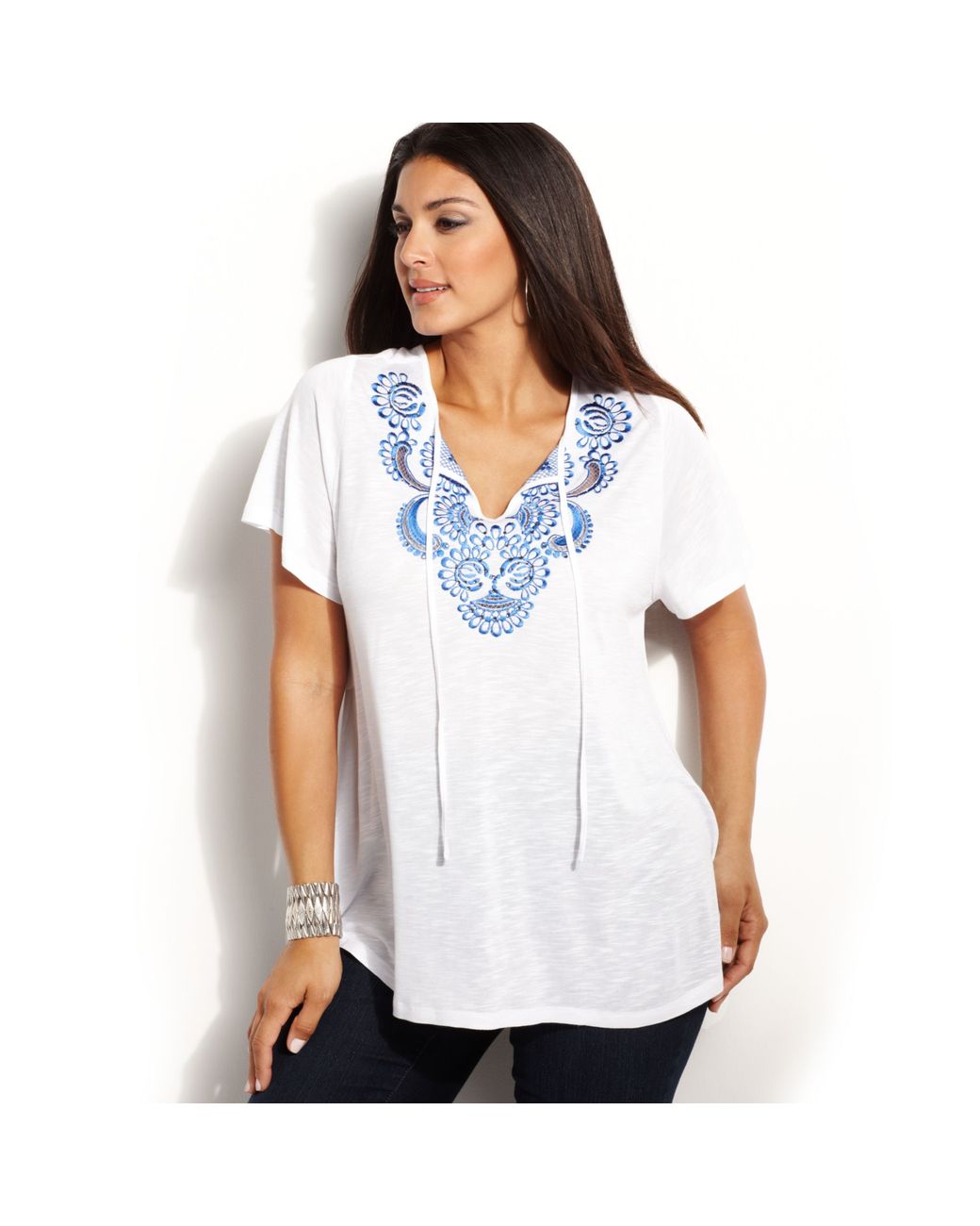 INC International Concepts Plus Size Embroidered Shortsleeve Peasant Top in  White | Lyst