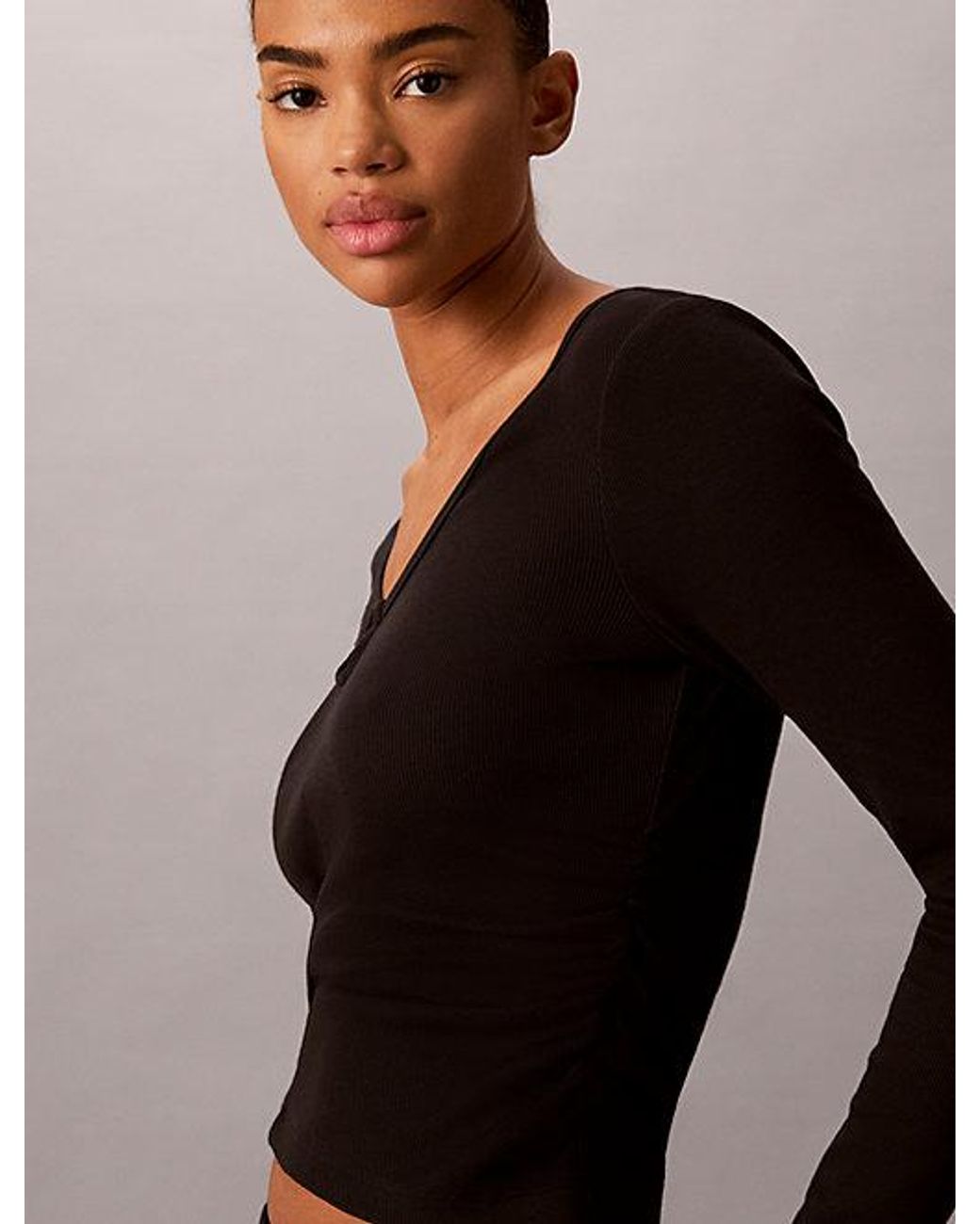 Calvin Klein Black Jeans Ruched Cotton Top With Metal Detail