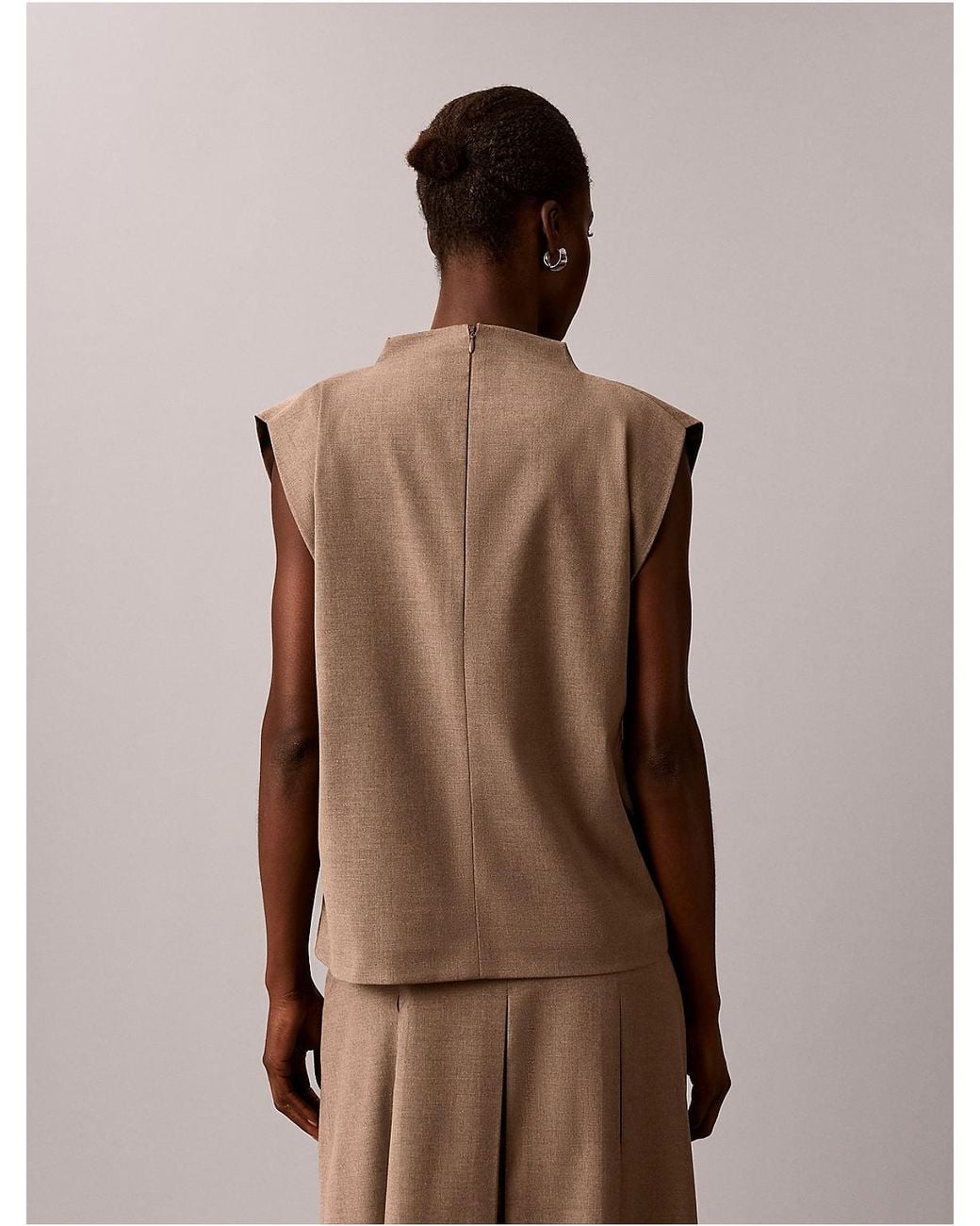 Calvin Klein Brown Stretch Drape Neck Belted Shell