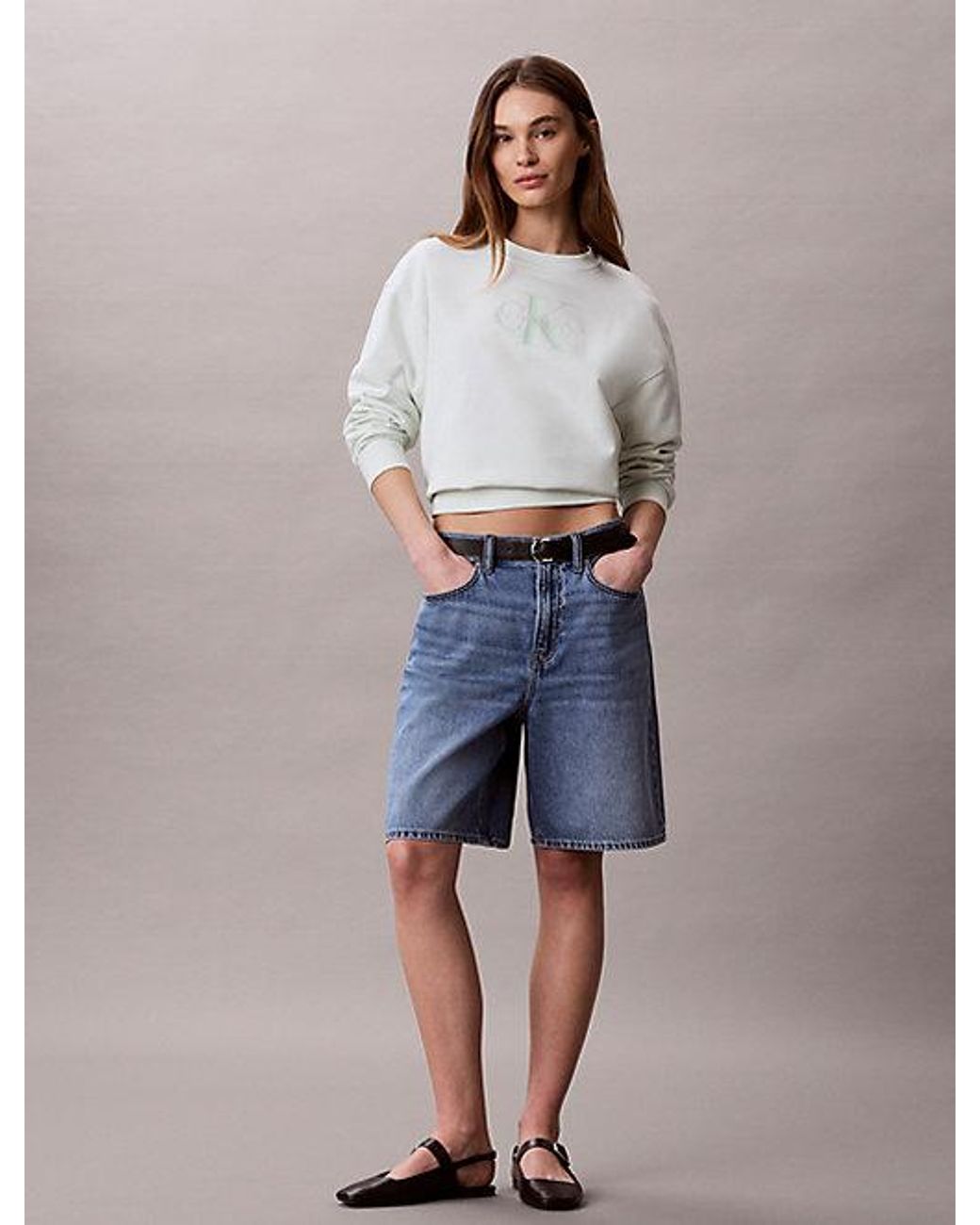 Calvin Klein White Jeans French Terry Monologo Crewneck Sweatshirt