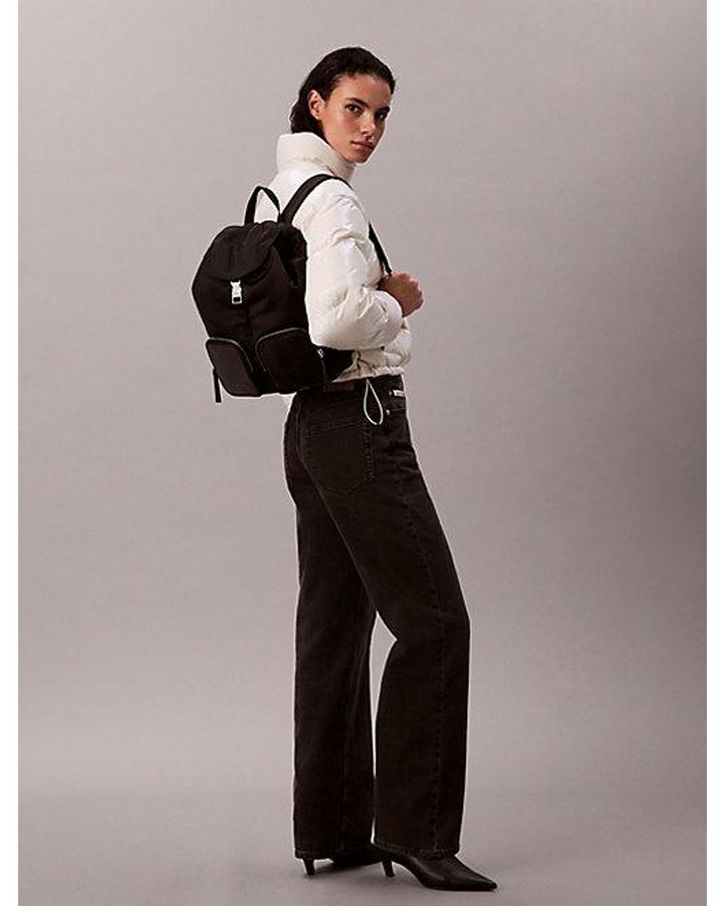 Calvin Klein Black Soft Satin Nylon Flap Backpack