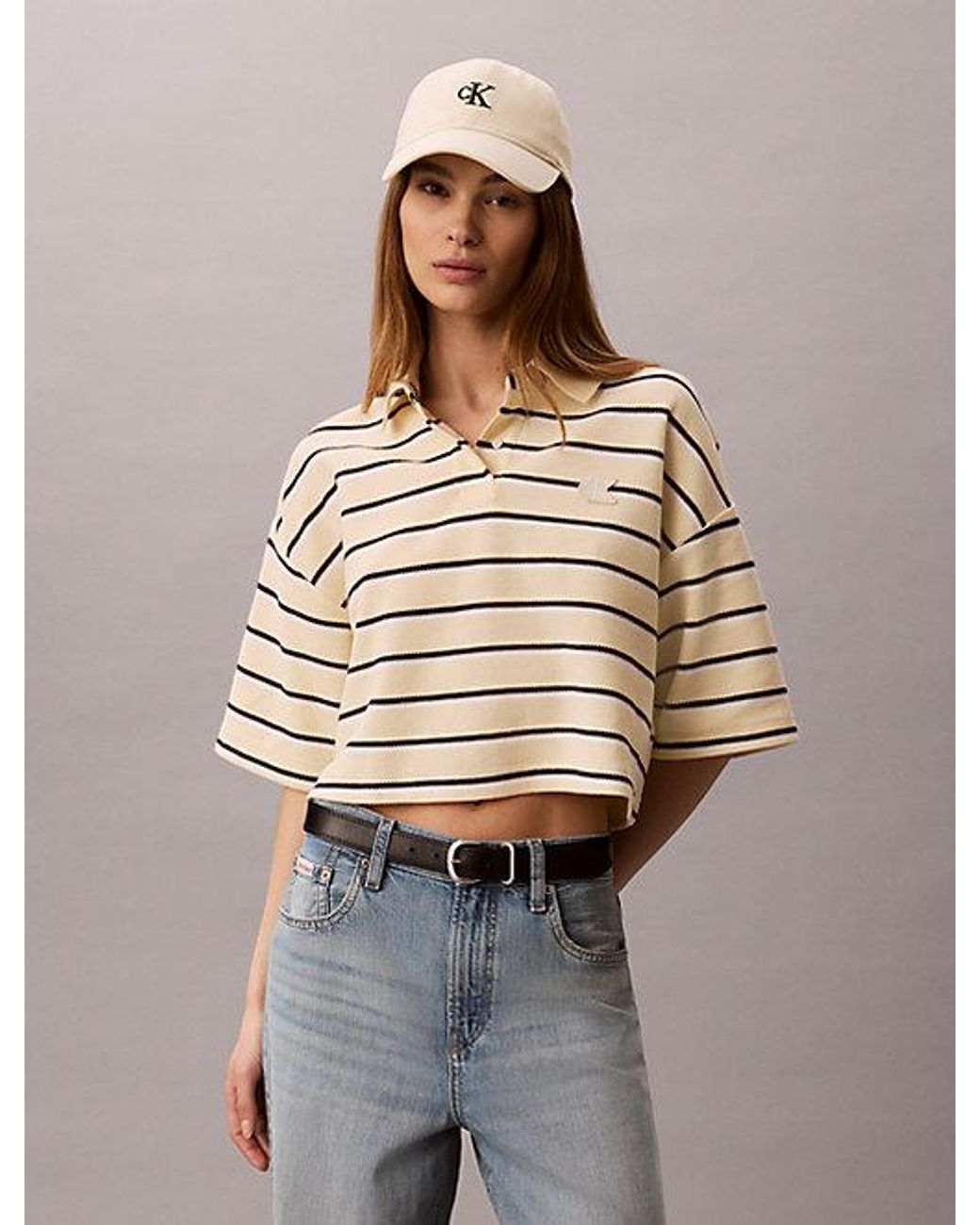 Calvin Klein Natural Jeans Stripe Cropped Boxy Polo Shirt