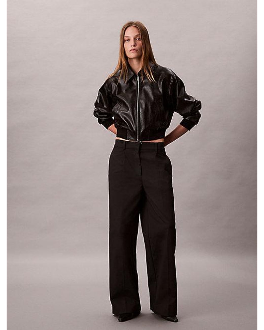 Calvin Klein Black Jeans Cropped Faux Leather Bomber Jacket