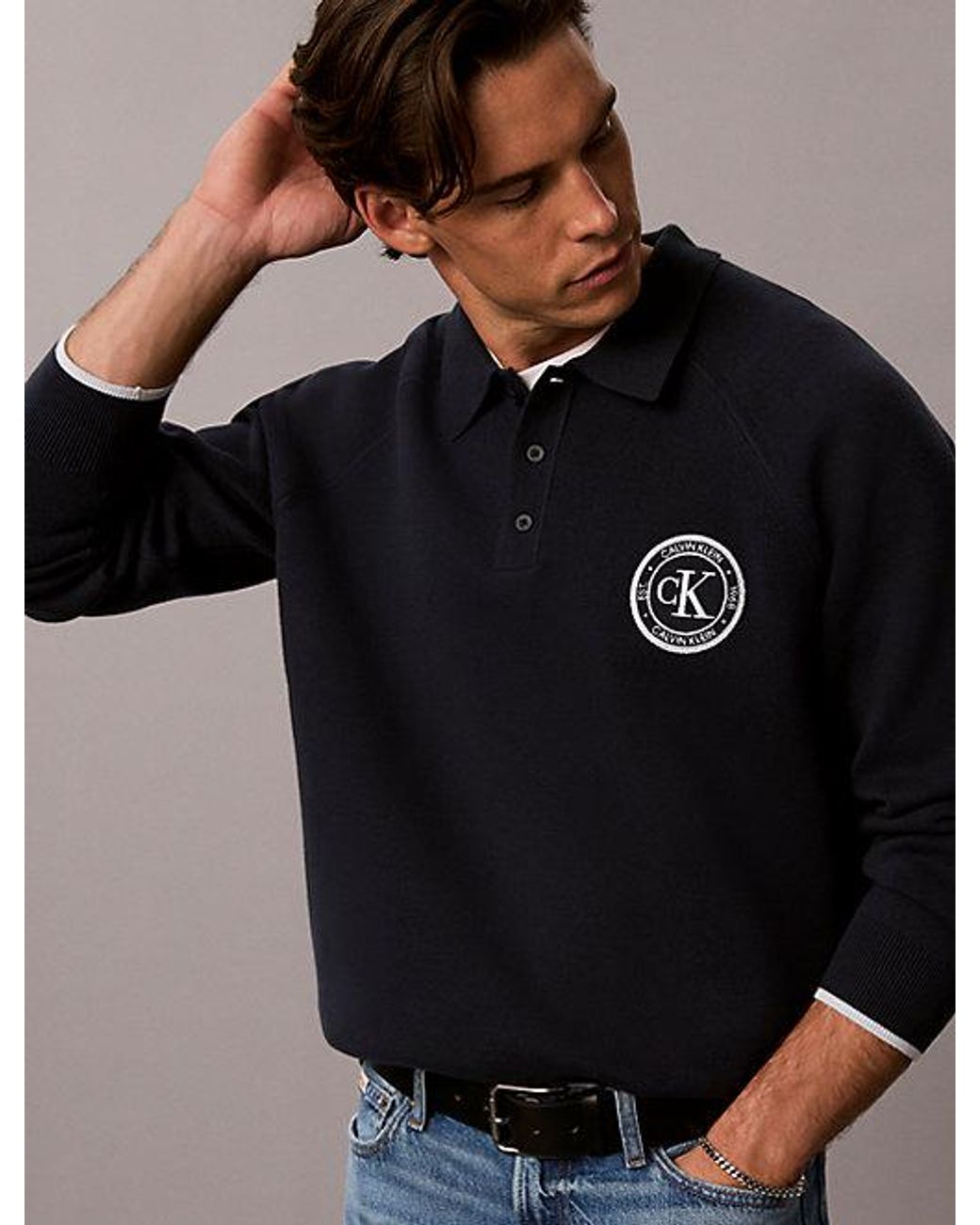 Calvin Klein Black Jeans Cotton Knit Varsity Polo Jumper for men