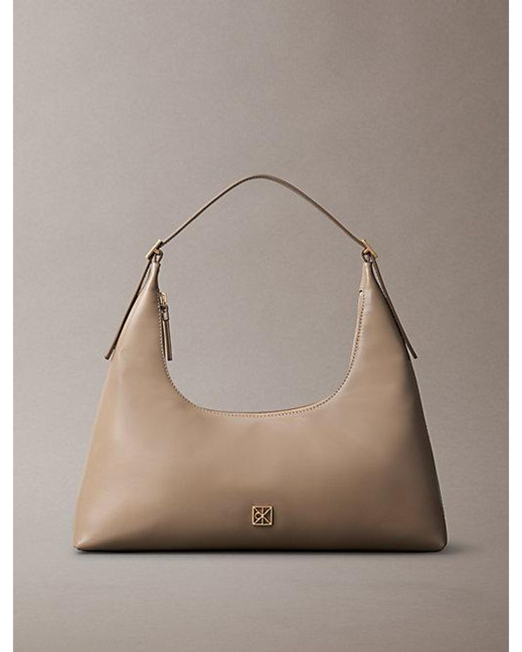 Calvin Klein Gray Emblem Logo Smooth Leather Shoulder Bag