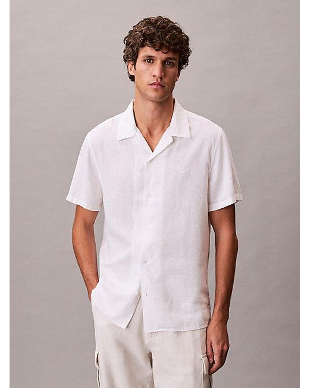 Calvin Klein White Linen Blend Classic Button Down Shirt for men