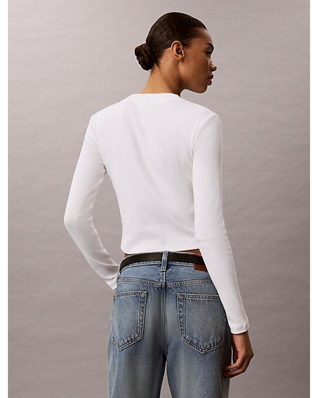 Calvin Klein White Jeans Monologo Long Sleeve Rib Baby Tee