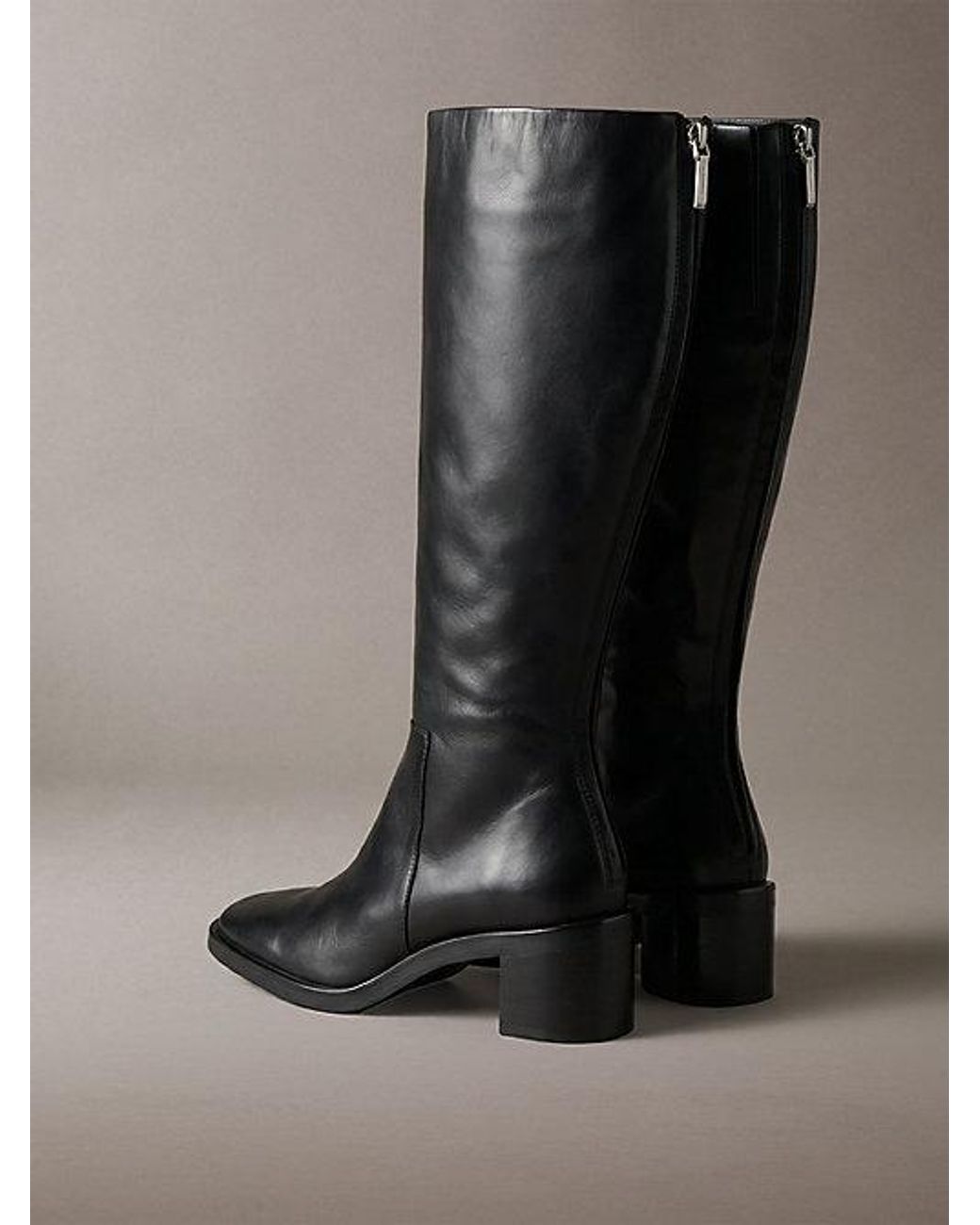 Calvin Klein Black Leather Block Heel Knee Boots