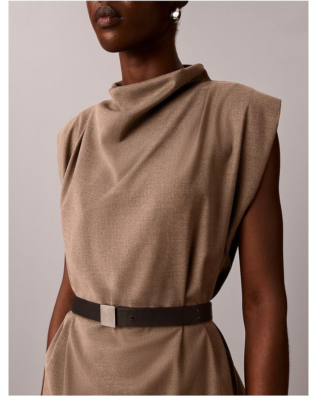 Calvin Klein Brown Stretch Drape Neck Belted Shell