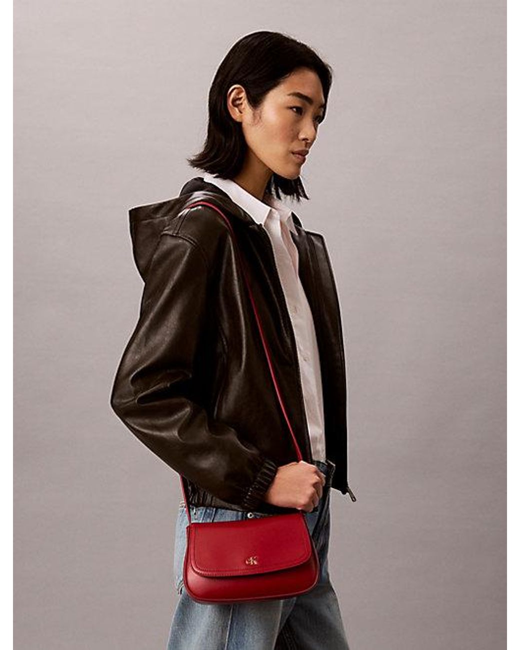 Calvin Klein Red Monogram Flap Crossbody Camera Bag