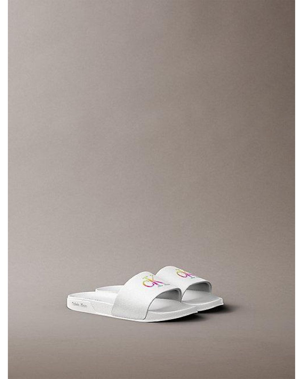 Calvin Klein White Canvas Contoured Logo Sliders Pride