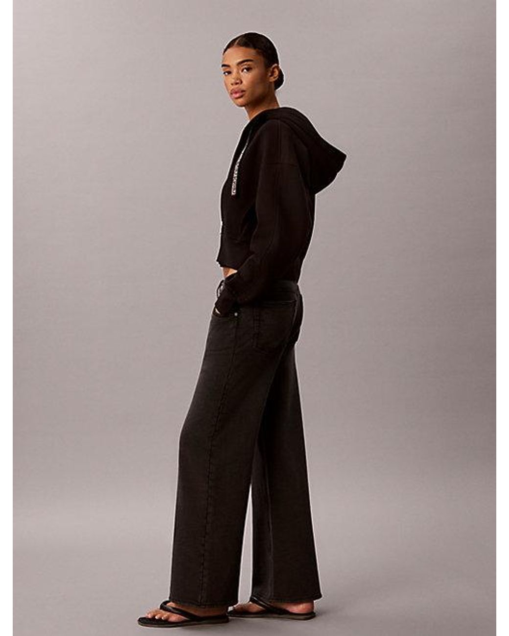 Calvin Klein Black Jeans Cotton Terry Wide Leg Trousers