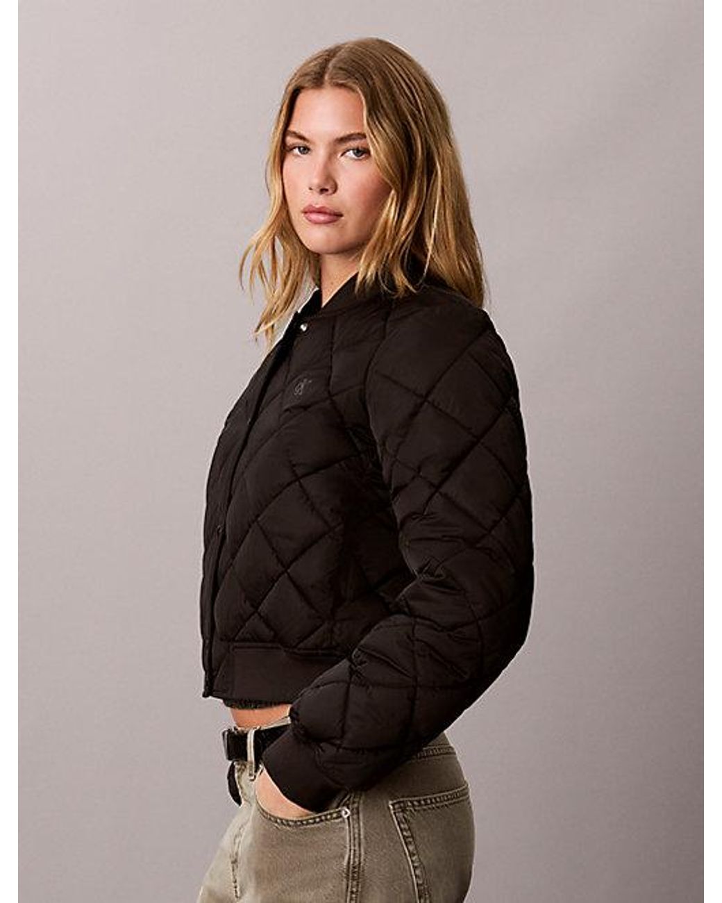 Calvin Klein Black Jeans Satin Quilted Bomber Jacket