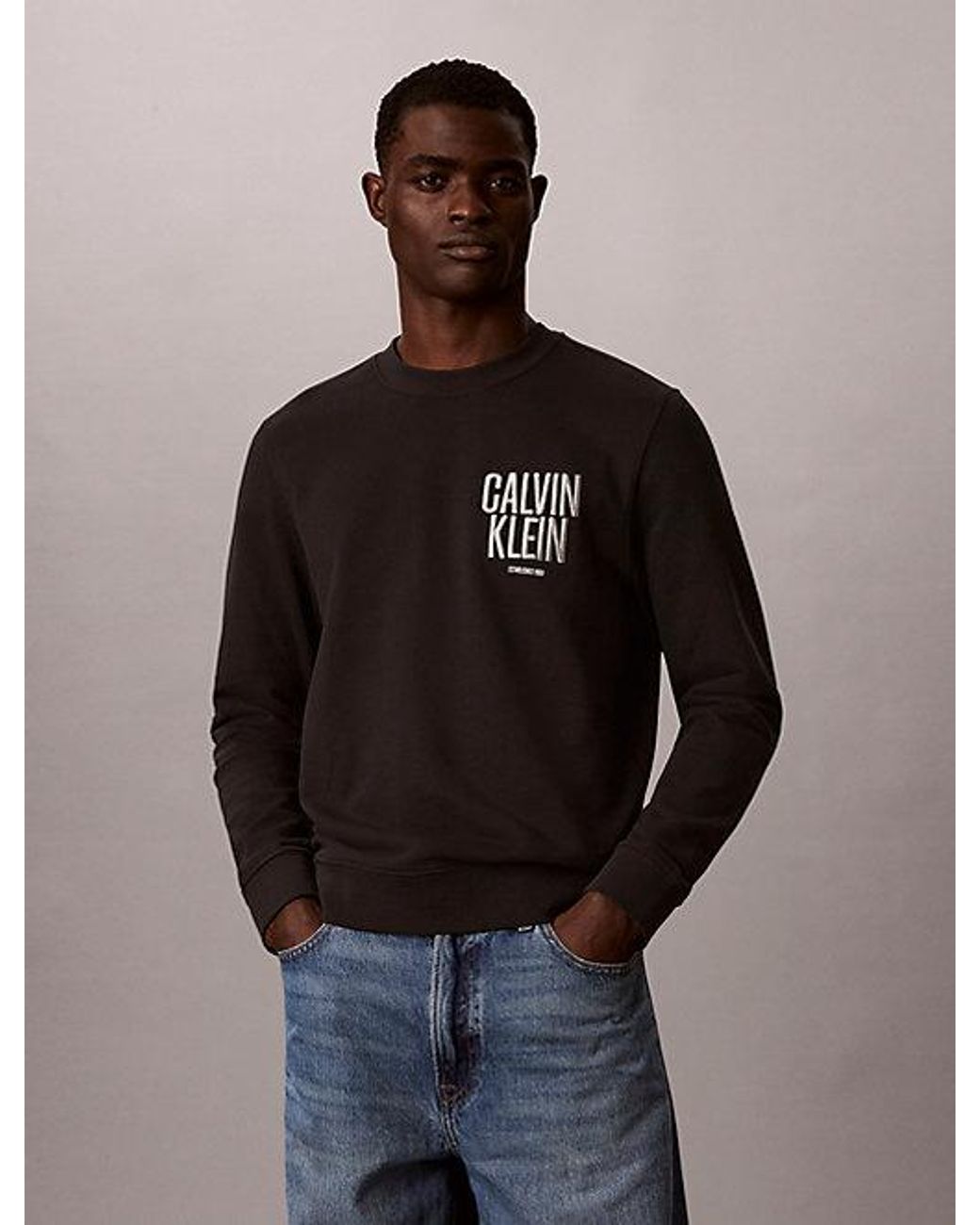 Calvin Klein Black Jeans Cotton Terry Logo Sweatshirt for men