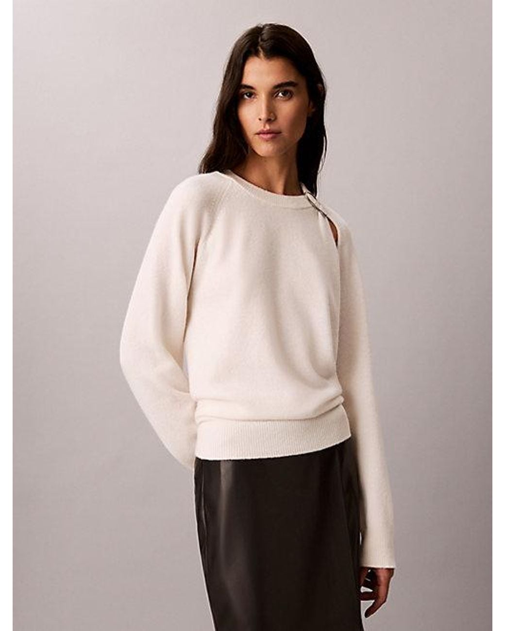 Calvin Klein Natural Wool Cut Out Jumper With Metal Accent
