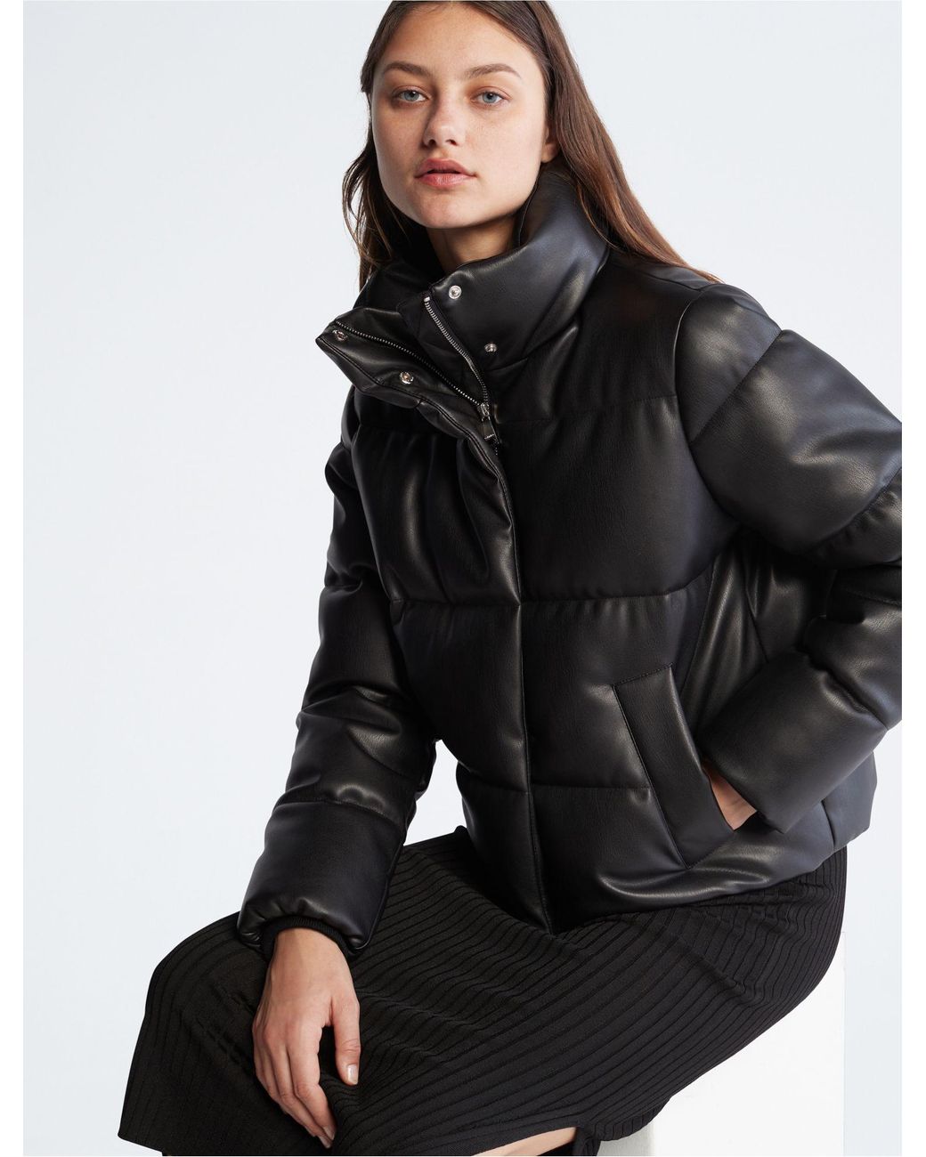 Calvin klein shiny faux leather sale puffer coat