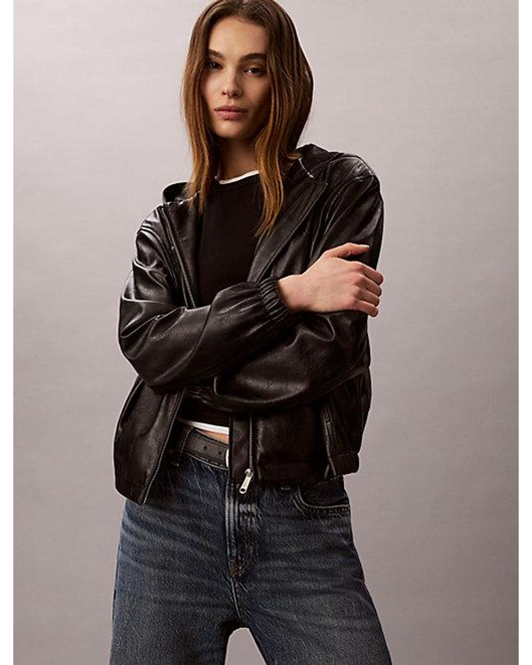 Calvin Klein Black Jeans Faux Leather Hooded Jacket
