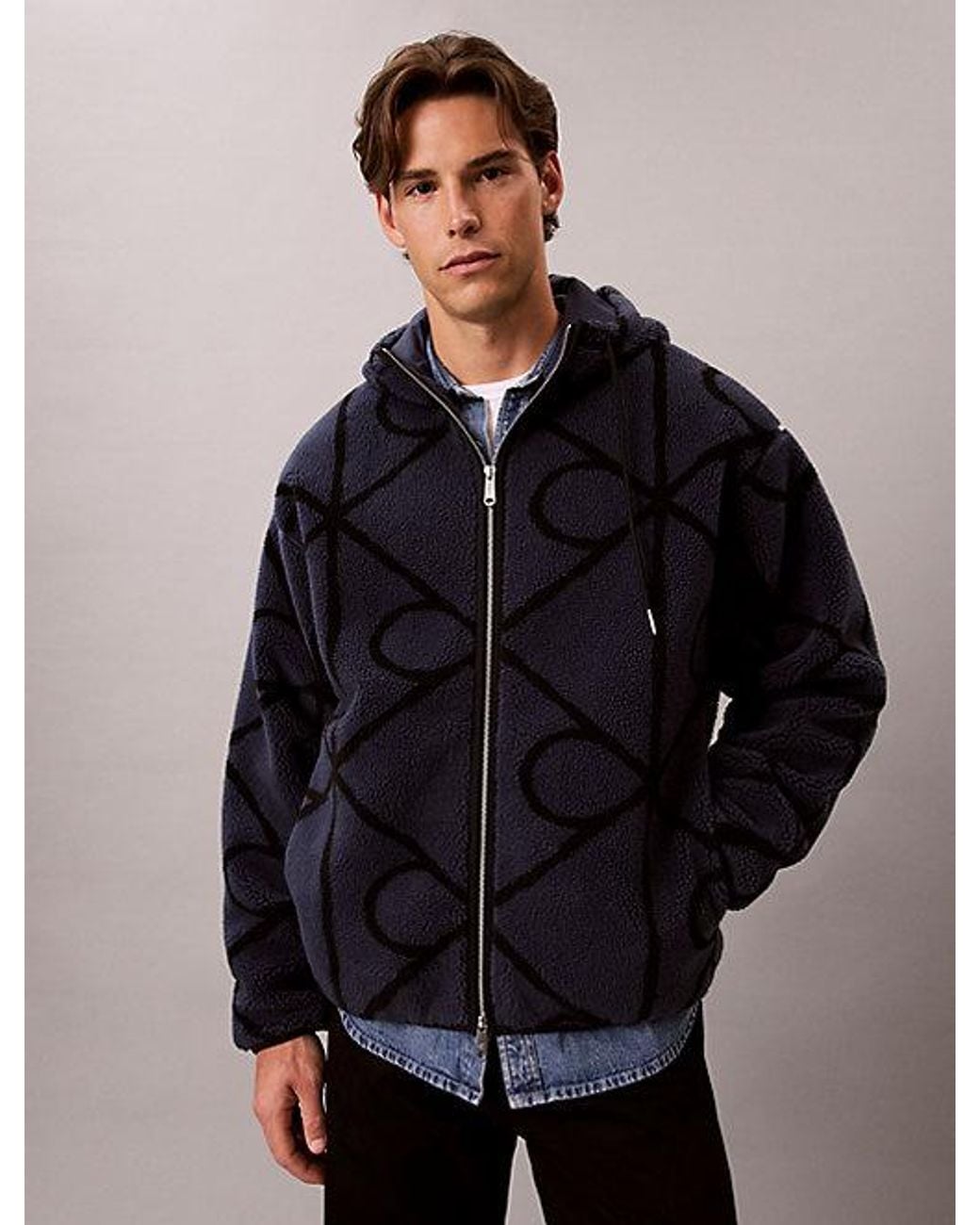 Calvin Klein Blue Jeans Sherpa Fleece Emblem Zip Hoodie for men