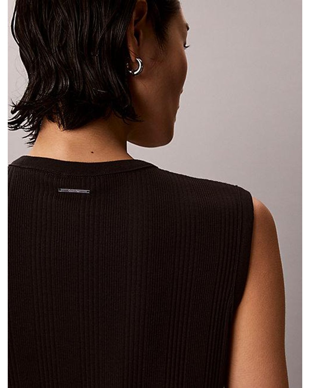 Calvin Klein Black Ribbed Cotton Asymmetric Midi Dress