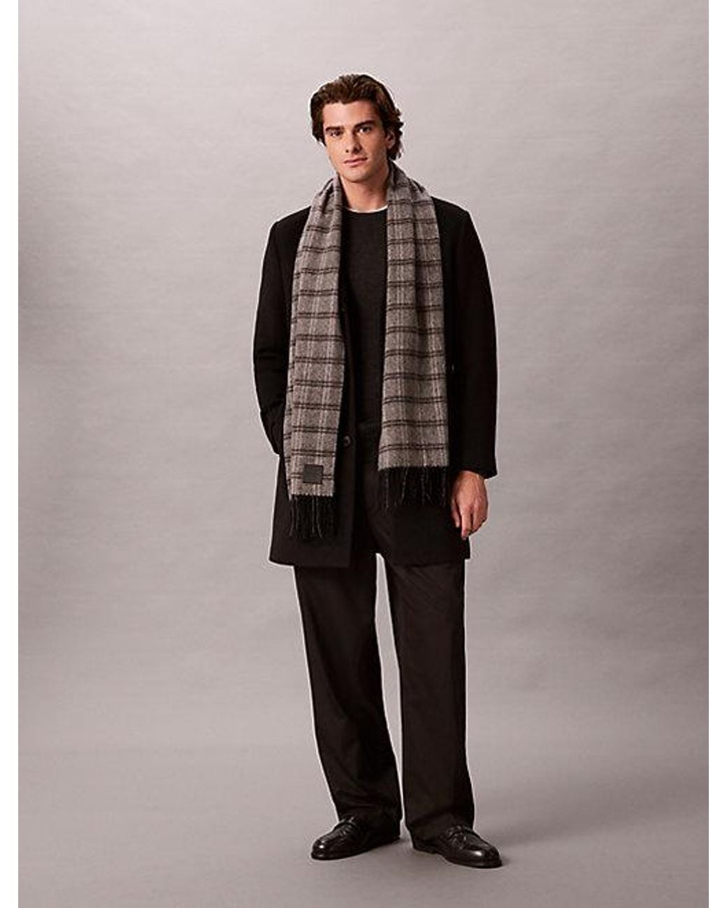 Calvin Klein Gray Checked Wool Leather Badge Scarf for men