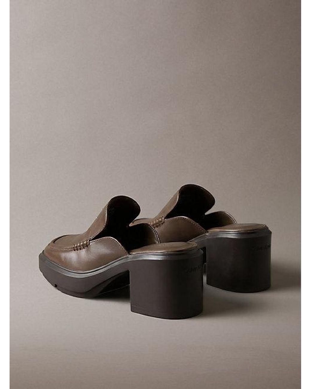 Calvin Klein Brown Leather Platform Block Heel Mules